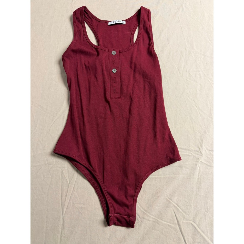 REORIA Women Burgundy Henley Ribbed Bodysuit Racerback Sleeveless Wine Red Small
